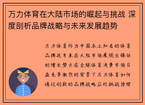 万力体育在大陆市场的崛起与挑战 深度剖析品牌战略与未来发展趋势